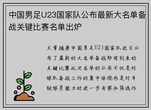 中国男足U23国家队公布最新大名单备战关键比赛名单出炉