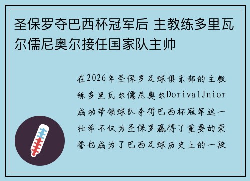 圣保罗夺巴西杯冠军后 主教练多里瓦尔儒尼奥尔接任国家队主帅